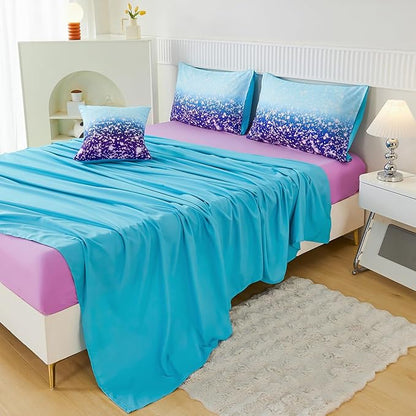 PERFEMET 6Pcs Full Size Comforter Sets for Girls Blue Purple Ombre Rainbow Kids Bedding Set Colorful Tie Dye Glitter Teen Girls Bedroom Decor Bed in A Bag