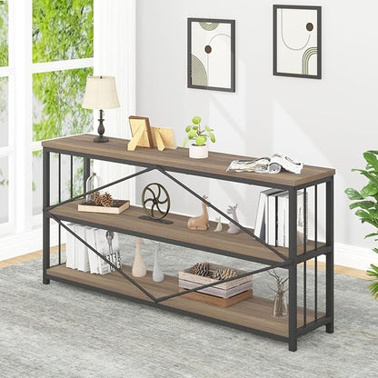 IBF Industrial 3 Tier Bookshelf, Rustic Low Wood and Metal Book Shelf, Farmhouse Long Wide Open Horizontal Bookcase, Modern Large Vintage Etagere for Home Office Bedroom Living Room, Rustic Oak, 63 In