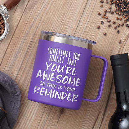 NOWWISH Inspirational 14oz Purple Mug with Handle, Sometimes You Forget You're Awesome Stocking Stuffer for Women, Unique Christmas Birthday Gifts for Her, Mom, Daughter, Wife
