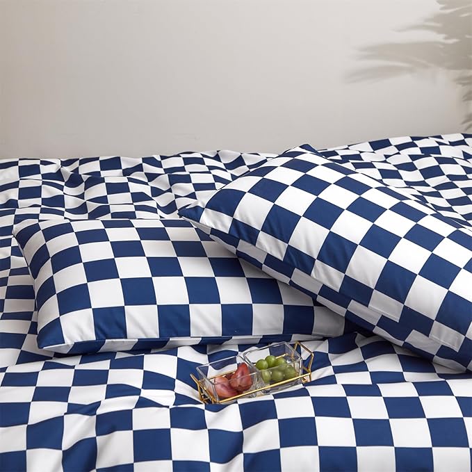 Wellboo Blue and White Comforter Sets King Women Men Diamond Royal Blue Checkerboard Grid Bedding Comforters Cotton Modern Jewelry Blue Checkered Geometric Quilts Luxury Sapphire Buffalo Plaid Bed