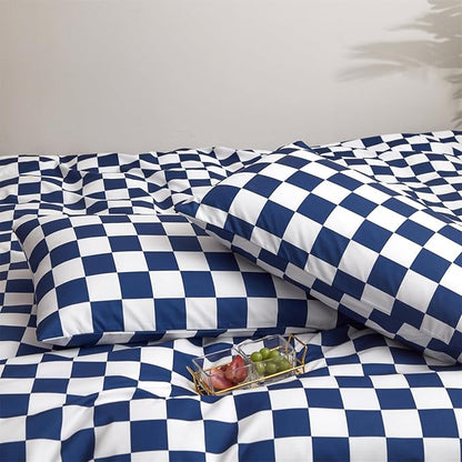 Wellboo Blue and White Comforter Sets King Women Men Diamond Royal Blue Checkerboard Grid Bedding Comforters Cotton Modern Jewelry Blue Checkered Geometric Quilts Luxury Sapphire Buffalo Plaid Bed