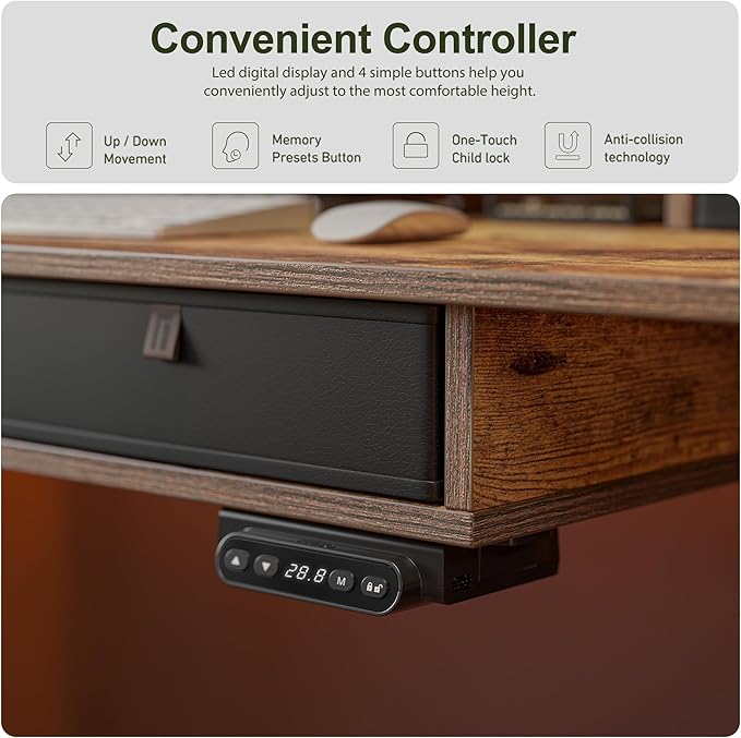 BANTI Height Adjustable Electric Standing Desk with 4 Drawers, 48 x 24 Inch Table with Storage Shelf, Sit Stand Desk, Rustic Brown Top