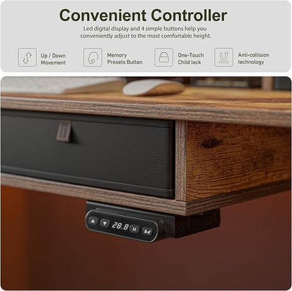 BANTI Height Adjustable Electric Standing Desk with 4 Drawers, 48 x 24 Inch Table with Storage Shelf, Sit Stand Desk, Rustic Brown Top