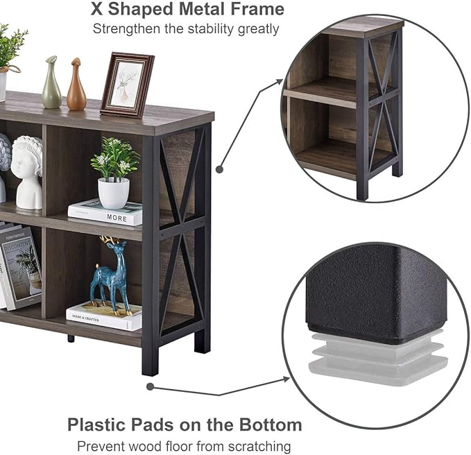 FATORRI Rustic 6 Cube Storage Organizer with Shelf, Wood and Metal Cubby Bookcase, Industrial Horizontal Bookshelf (Walnut Brown, 47 Inch)