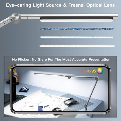 LED Desk Lamp, Desk Light for Home Office, Dual Light Source, Eye-Caring Optical Lens, 5 Color Modes & Brightness, 18W Brightest, Swing Arm Office Lamp, Clamp Lamp, Work Light, Task Light