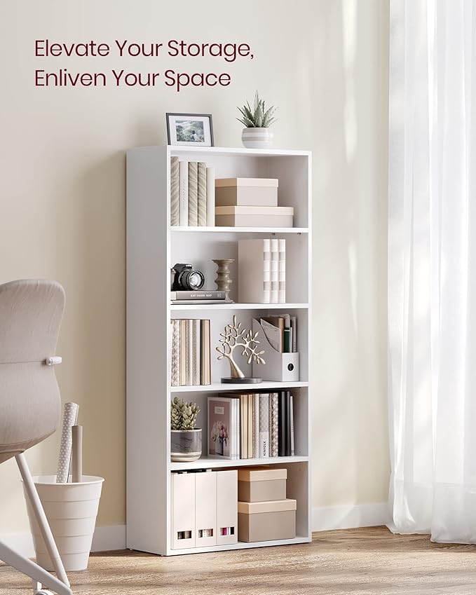 VASAGLE Bookshelf, 23.6 Inches Wide, 5-Tier Open Bookcase with Adjustable Storage Shelves, Floor Standing Unit, Cloud White ULBC165T14