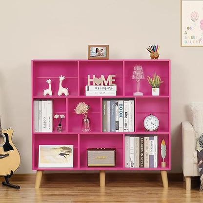 LEYAOYAO 10 Cube Bookshelf,3 Tier Modern Wide Bookcase with Legs,Mid-Century Wood Bookshelves Storage，Pink Large Book Case,Freestanding Organizer Display Shelf for Bedroom,Living Room,Office