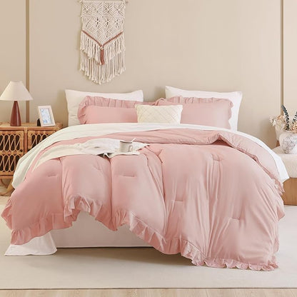 Andency Blush Pink Ruffle Comforter King, 3 Pieces All Season Farmhouse Shabby Chic Comforter, Vintage Rustic Soft Microfiber Down Alternative Bedding Comforter Set