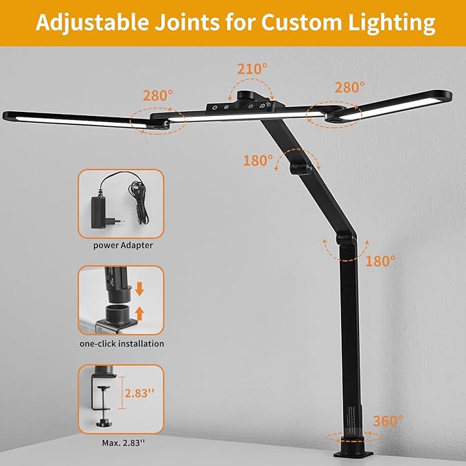 Desk Lamp with Hand-Sweep Sensor Desk Lamps for Home Office Desk Lamp with Clamp with 2 USB C+A Ports 24W LED Desk Light Clip On Desk Lamp with Timer, 3 Colors, 7 Brightness Dimmable Lamp For Desk