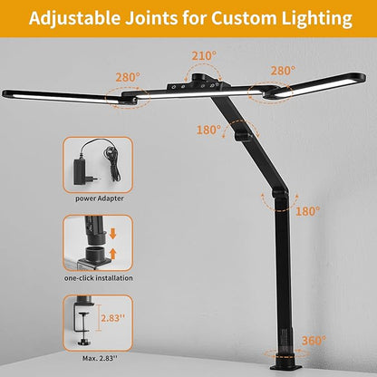 Desk Lamp with Hand-Sweep Sensor Desk Lamps for Home Office Desk Lamp with Clamp with 2 USB C+A Ports 24W LED Desk Light Clip On Desk Lamp with Timer, 3 Colors, 7 Brightness Dimmable Lamp For Desk