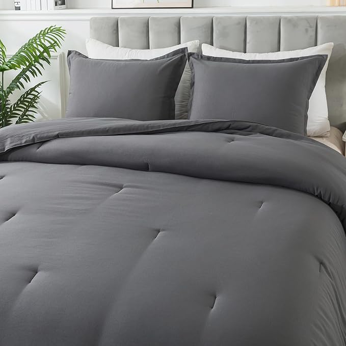 Dark Gray Comforter Set Queen, Solid Grey Down Alternative Bedding Comforter Set, Breathable Fluffy Microfiber Comforter Set (90"x90") for All Seasons with Pillowcase…