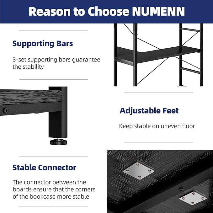 NUMENN 5 Tier Corner Bookshelf, Modern Corner Bookcase, Large Open Shelf Bookcase, Tall Bookshelves Storage Display Rack for Bedroom, Living Room and Home Office, Black