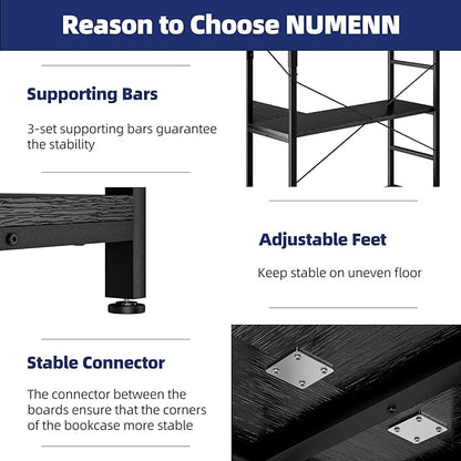 NUMENN 5 Tier Corner Bookshelf, Modern Corner Bookcase, Large Open Shelf Bookcase, Tall Bookshelves Storage Display Rack for Bedroom, Living Room and Home Office, Black