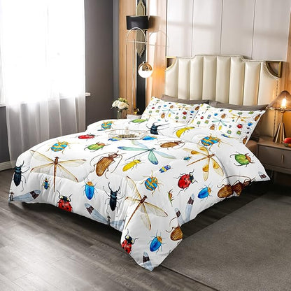 Kids Dragonfly Down Comforter, Ladybug Insect Comforter Set Twin Size for Children Boys Girls Teens, Reptile Pattern Bedding Comforters Colorful Lightweight Duvet Insert Dragonfly Gifts for Women