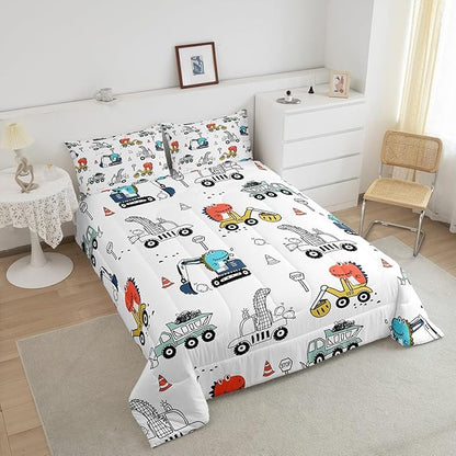 Feelyou Kids Cartoon Car Comforter Set Construction Bedding Set King Size Tractor Vehicle Truck Comforter for Kids Boys Girls Cute Dinosaur Quilt Set Yellow Blue Soft for Teens Child Room Decor