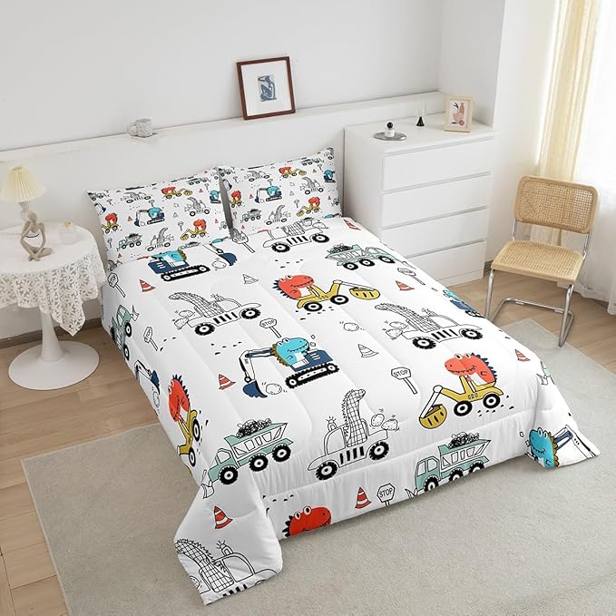 Feelyou Kids Cartoon Car Comforter Set Construction Bedding Set Full Size Tractor Vehicle Truck Comforter for Kids Boys Girls Cute Dinosaur Quilt Set Yellow Blue Soft for Teens Child Room Decor