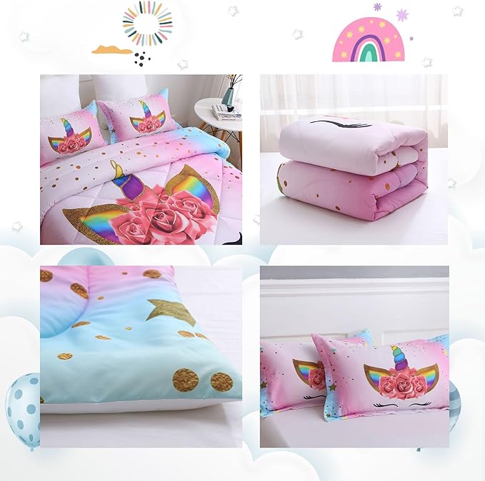 Unicorn Queen Bedding Sets for Girls Kids Comforter Set Queen Size with 2 Pillowcases Pink and Rainbow Unicorn Room Decor for Girls Bedroom Ultra Soft Machine Washable Toddler Bed Set