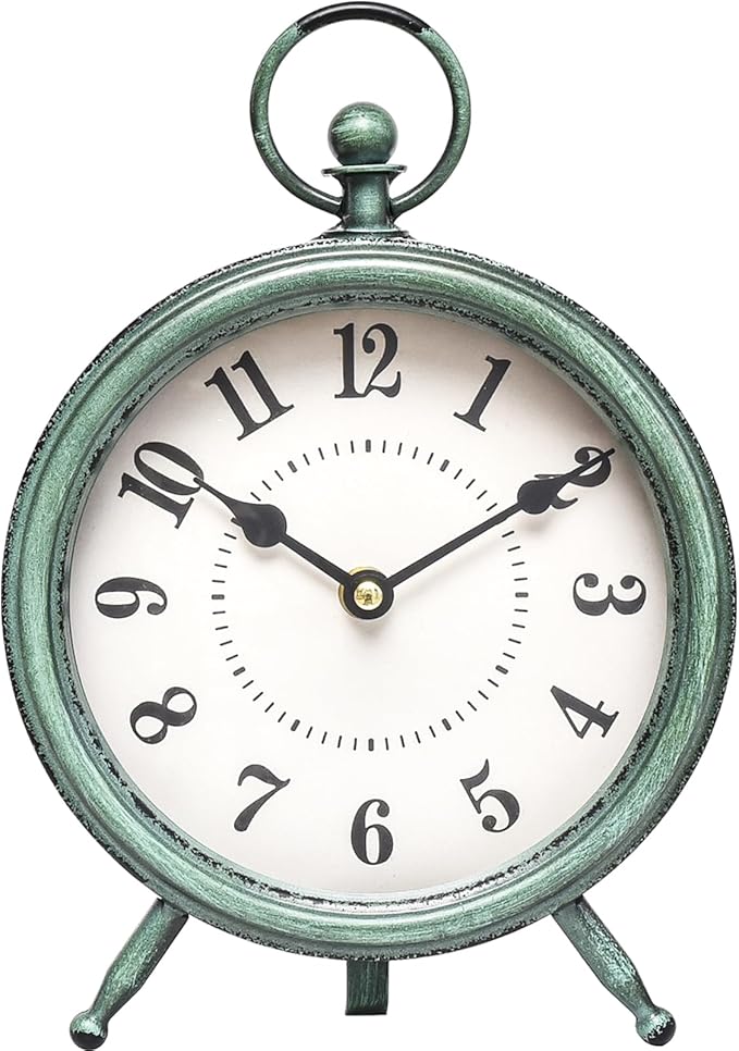 Vintage Rustic Green Table Clock on Stand, Decorative Desk and Shelf Clock，Decorative Battery Operated Table Top Clock for Living Room，Silent Non-Ticking