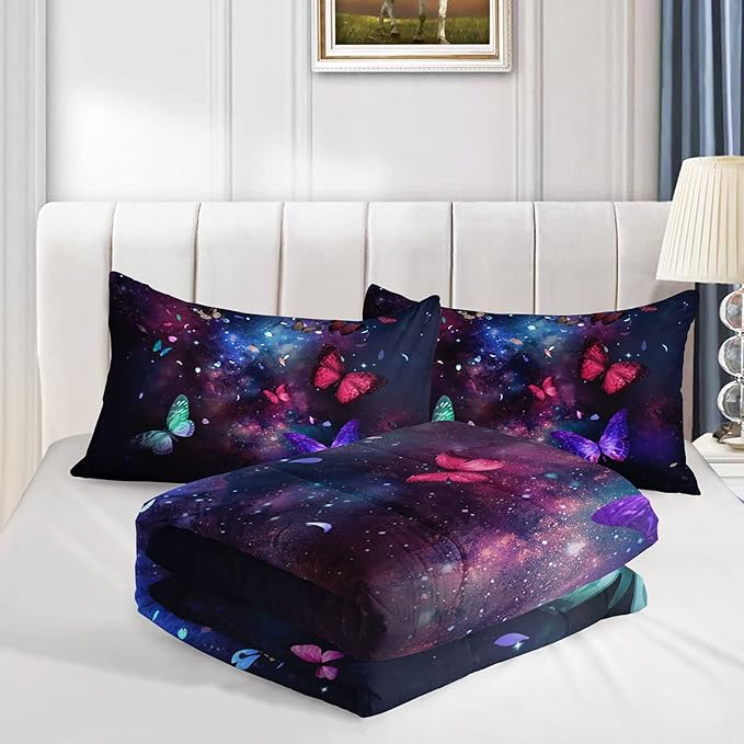 Datura home Butterfly Comforter Set for Girls Women,Colorful Butterflies in Space Galaxy Printed Black Bedding Set with 2 Pillowcases(Butterfly Galaxy Full)