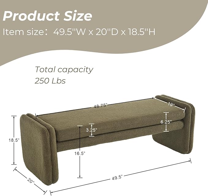 Green Boucle Bench 50" Sherpa End of Bed Bench Modern Upholstered Bench for Bedroom Entryway Living Room Vanity Makeup Room, Teddy Fabric Bench with Seating