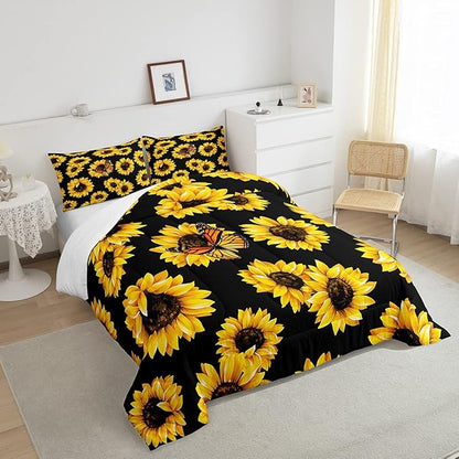 Feelyou Sunflower Bedding Set Girls Yellow Floral Butterfly Comforter Chic Flowers Pattern Comforter Set for Kids Teens Botanical Nature Duvet Set Ultra Soft Room Decor Twin Size