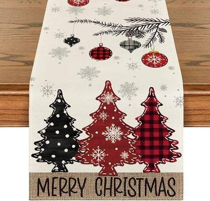 Artoid Mode Red Pine Trees Merry Christmas Table Runner, Winter Xmas Holiday Kitchen Dining Table Decoration for Home Party Decor 13x72 Inch