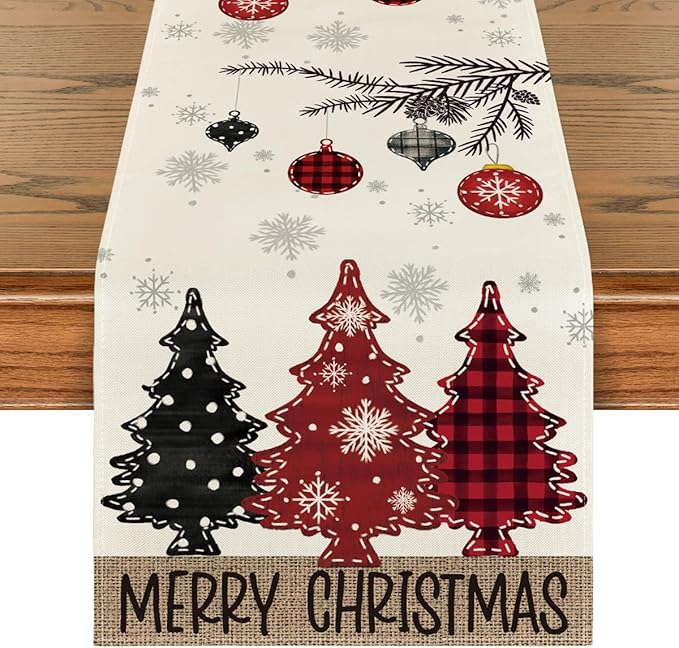 Artoid Mode Red Pine Trees Merry Christmas Table Runner, Winter Xmas Holiday Kitchen Dining Table Decoration for Home Party Decor 13x48 Inch