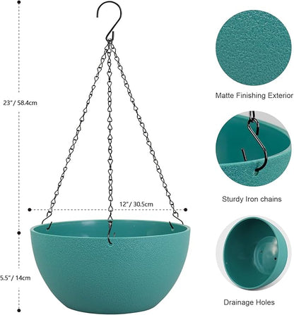 12 inch Large Hanging Planters for Indoor Outdoor Plants, 2 Pack Hanging Flower Plant Pots with Drainage Holes and Chain for Garden Porch, Plastic Hanging Baskets for House Plants, Blue Green