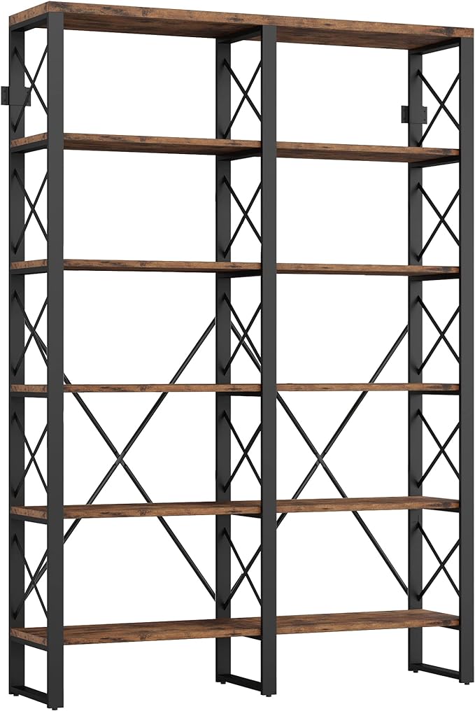 IRONCK Bookshelf Double Wide 6-Tier 76" H, Open Large Bookcase, Industrial Style Shelves, Wood and Metal Bookshelves for Home Office, Easy Assembly