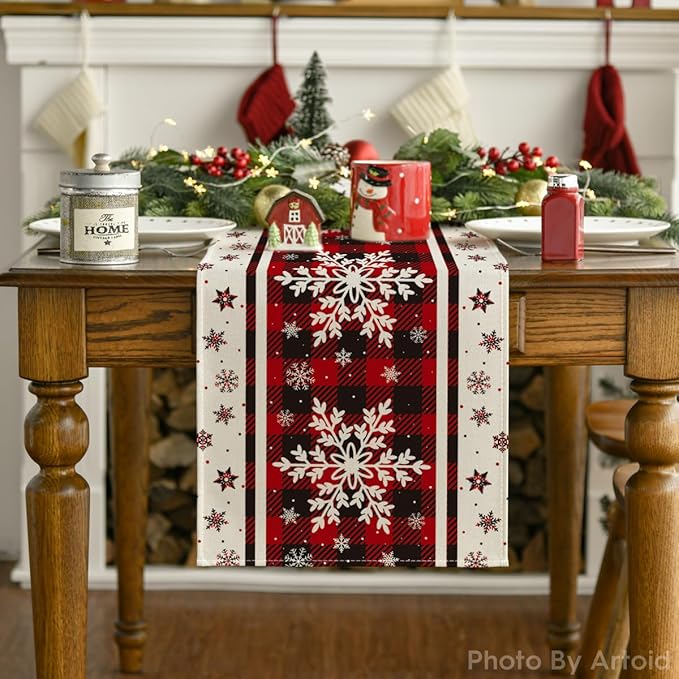 Artoid Mode Buffalo Plaid Snowflakes Christmas Table Runner, Seasonal Winter Kitchen Dining Table Decoration for Home Party Decor 13x36 Inch