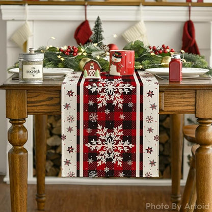 Artoid Mode Buffalo Plaid Snowflakes Christmas Table Runner, Seasonal Winter Kitchen Dining Table Decoration for Home Party Decor 13x36 Inch