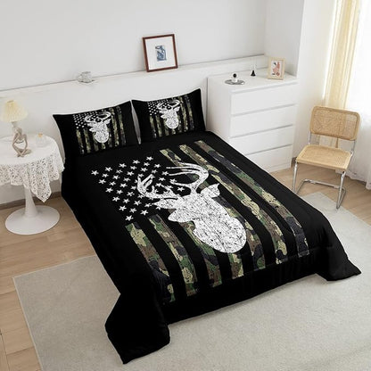American Flag Comforter Set,Deer Hunting Down Comforter King,Army Green Military Camo Bedding Set For Boys Teens Kids Man,Western Farmhouse Stars Stripes Bedding Quilt Set Bedroom Decor 3 Pcs