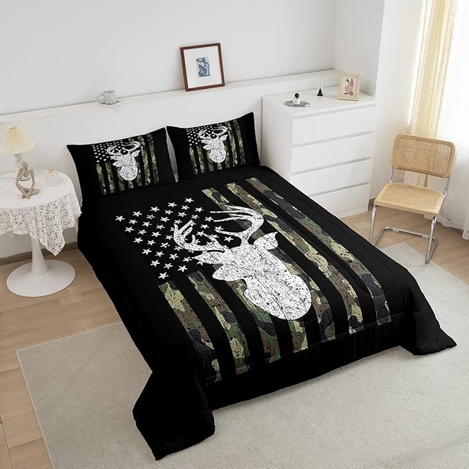 Deer Camo Comforter Set Queen Antlers Hunting Camo Bedding Sets For Teen Boys Men Camouflage American Flag Bed Comforter Set ,Western Farmhouse Wild Animal Bedding Quilt Black White Home Decor 3 Pcs