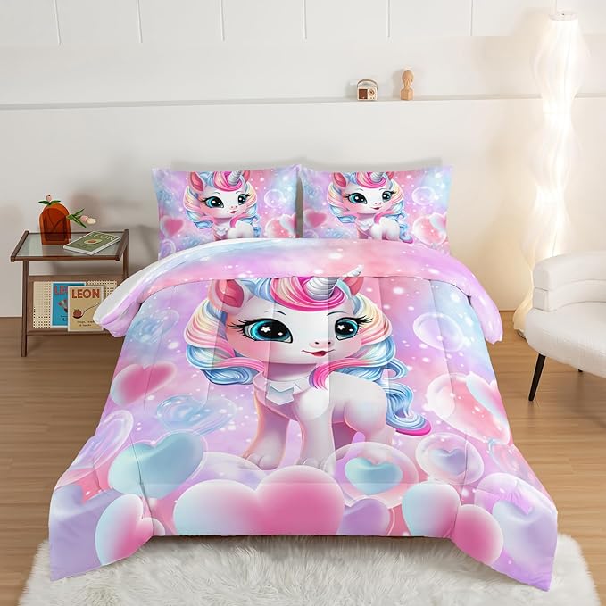 HOSIMA Unicorn Twin Bedding Sets for Girls Teens,Cartoon Kawaii Unicorn Comforter Bubble and Love Heart Bedding Set,Fantasy Unicorn Bedroom Decor for Girls Pink Purple Comforter with 2 Pillowcases.