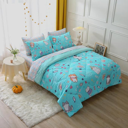 Kawaii Cats Comforter Set Twin Size for Girls Boys Kids Teens 7 Piece Cute Animal Fish Butterfly Bed in A Bag Cartoon Rainbow Star Sun Heart Bedding Set All Season Lightweight