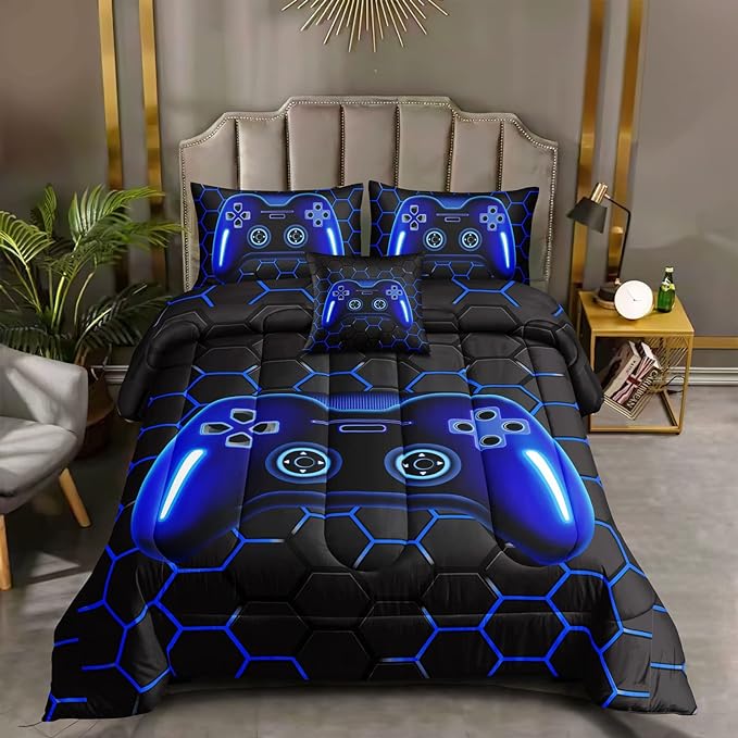 6 Pieces Bed in A Bag Gamer Bedding Set for Boys Kids Adult Gaming Comforters Set,Boys Bed in A Bag Set Full Size Comforter with Fitted Shee Flat Sheet Pillowcase pillowsham,DJTH5025Full