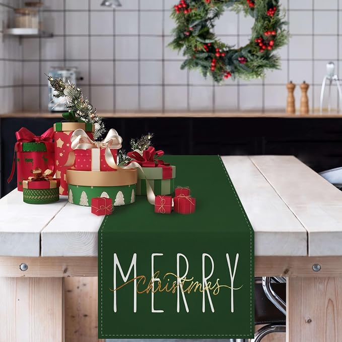 ONWAY Merry Christmas Gold Table Runner Winter Xmas Holiday Kitchen Dining Farmhouse Table Decor for Indoor Outdoor Home Party Decorations 13x72 Inch Green