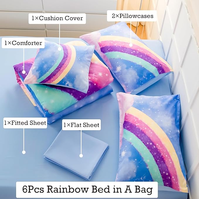 Aqua Blue Full Size Kids Comforter Sets for Girls, 6Pcs Colorful Rainbow Gradient Bedding Set, 3D Glitter Galaxy Bed in A Bag with Comforter, Sheets and Pillowcases for Teens