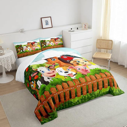 Kids Cartoon Comforter Set Cute Farm Animals Comforter Cattle Sheep Pigs Dogs Horses Bedding Set for Boys Girls Farmhouse Duvet Set Soft Room Decor King Size Colorful Quilt Boys