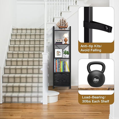 Narrow-Bookshelf-With-Storage-Drawer, 5-Tier Small Standing Book Shelf Organizer For Small Space, Tall Thin Bookcase Shelf For Bedroom Living Room Office, Wooden Shelving Unit Rack For Display