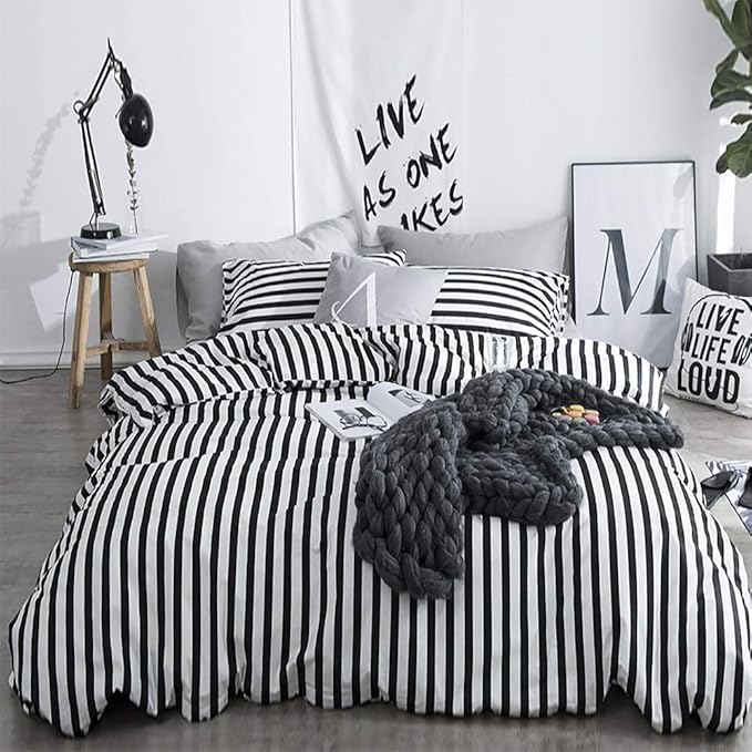 White and Black Stripes Comforter Set King Women Bedding Set Soft Durable White Striated Bedding Set Black Stripes Ticking Quilts Hotel Quality Comforter Set Girls White Black Stripes Bed Set