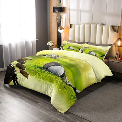 Erosebridal Golf Comforter Set Queen Size,Golf Clubs Bedding Set, Sports Game Theme Duvet Set Green Quilt Set, Boys Room Decorative Comforter Set Soft Breathable Ultra Lightweight