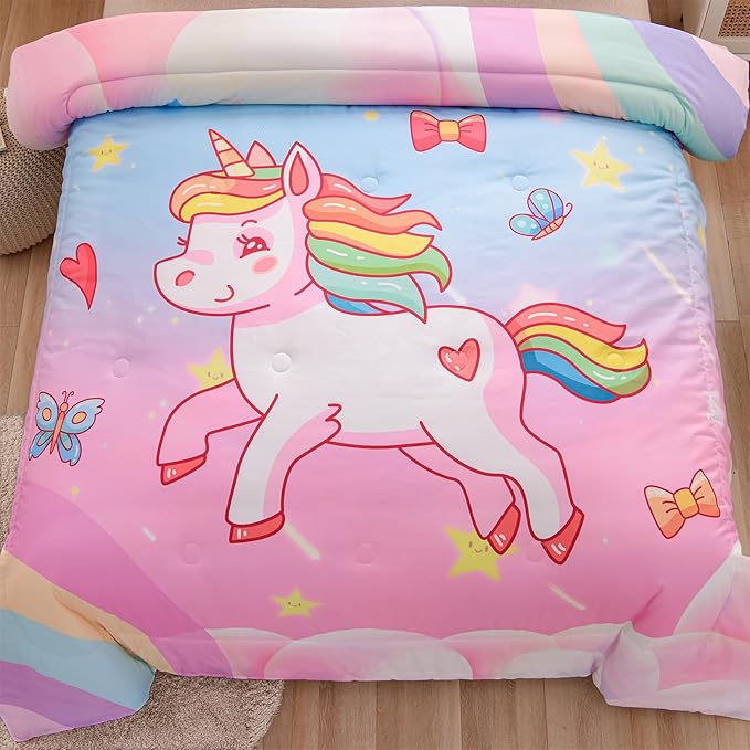 Aimuan Girls Unicorn Comforter Set 3 Pieces Pink Purple Bedding Set with Rainbow Star Galaxy Stars Fantasy Children Room Decor Soft Reversible Bed Sets for Boys/Girls/Teens (Pink Blue Full3Pcs)