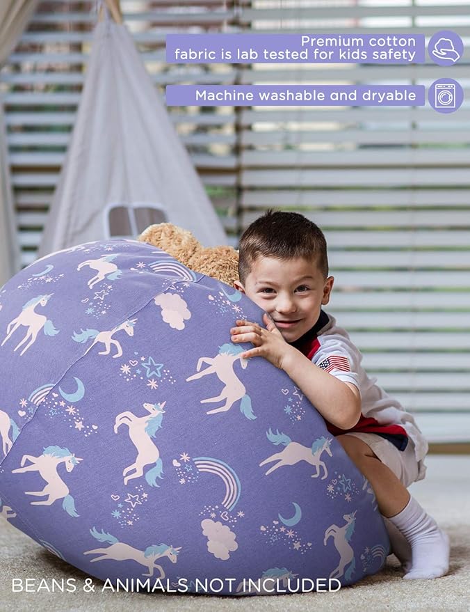 Aubliss Stuffed Animal Storage Bean Bag, Unicorn Bean bag Chair, Stuff 'n Sit for Kids, X-Large 48"-Canvas Unicorn Blue