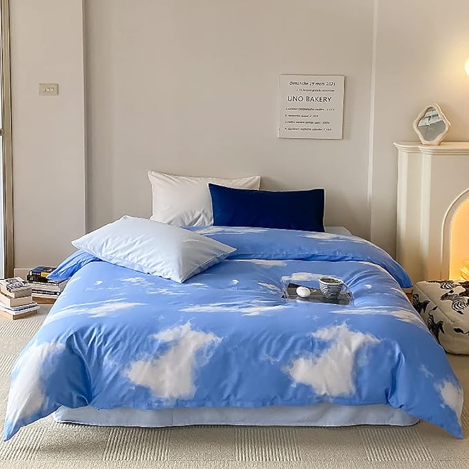 Cotton Blue Cloud Comforter Set Twin Size Sky Blue Comforter Kids Cotton 3 Pieces Soft Light Blue Twin Comforter Bedding Set Boys Girls Solid Blue Twin Bed Comforter Set for All Season as Gift