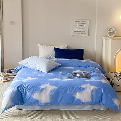 Cotton Blue Cloud Comforter Set Twin Size Sky Blue Comforter Kids Cotton 3 Pieces Soft Light Blue Twin Comforter Bedding Set Boys Girls Solid Blue Twin Bed Comforter Set for All Season as Gift