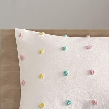 Duvet Cotton Jacquard Weave Colorful Poms Accent, Shabby Chic Cover for Comforter Cozy Bedding Set, Matching Shams, Decorative Pillows, Full Queen, Multi, 5 Piece