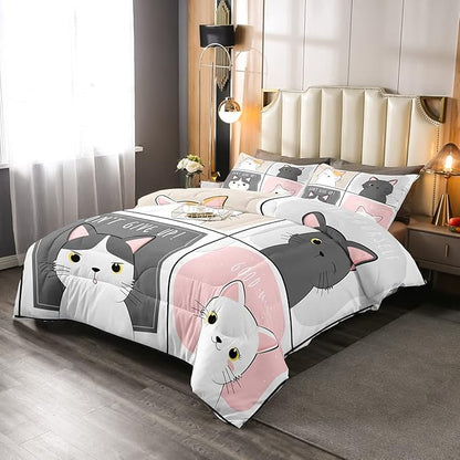 Erosebridal Kawaii Cats Comforter Set Queen,Pink Grey Cute Little Cat Down Comforter Adorable Kitten Animal Bedding Set For Kids Boys Girls Patchwork Cartoon Doodle Quilt Duvet Set With 2 Pillow Cases