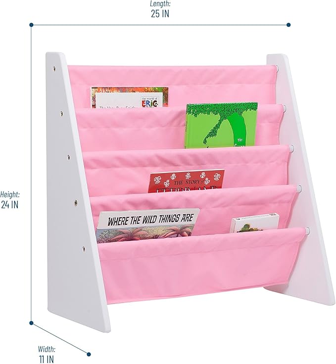 Wildkin Kids Canvas Sling Bookshelf for Boys and Girls, Wooden Design Features Four Fabric Shelves, Keep Bedrooms, Playrooms, and Classrooms Organized, Measures 25 x 24 x 11 Inches (White w/ Pink)