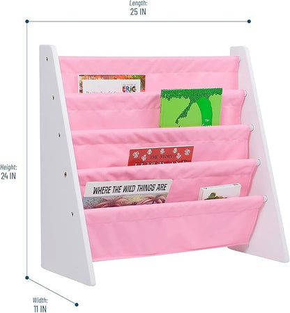 Wildkin Kids Canvas Sling Bookshelf for Boys and Girls, Wooden Design Features Four Fabric Shelves, Keep Bedrooms, Playrooms, and Classrooms Organized, Measures 25 x 24 x 11 Inches (White w/ Pink)